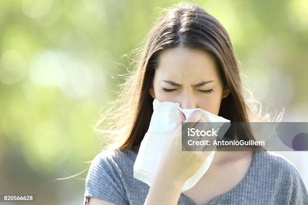 Mädchen Niesen Und Bläst In Ein Tuch Stockfoto und mehr Bilder von Niesen - Niesen, Allergie, Frauen