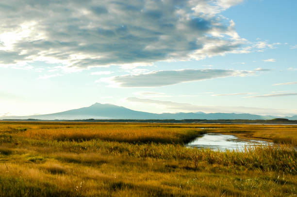 Lake Tofutsu and Mount Syari in Autumn, Eastern Hokkaido, Japan Lake Tofutsu and Mount Syari in Autumn, Eastern Hokkaido, Japan shiretoko mountains stock pictures, royalty-free photos & images