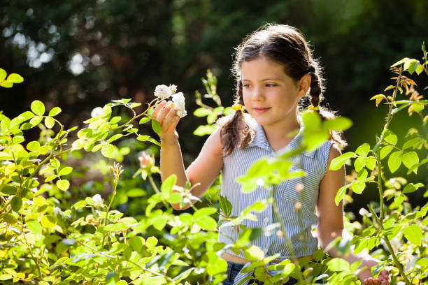 istock Girl looking at white flowers in backyard 820575440