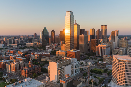 Dallas, TX, USA - May 13, 2017: Aerial view of Dallas, Texas city skyline at sunset