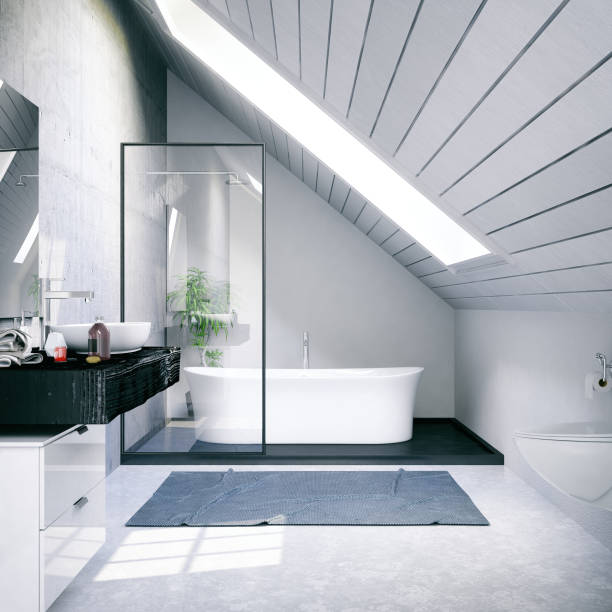 bagno loft - tile bathroom tiled floor marble foto e immagini stock