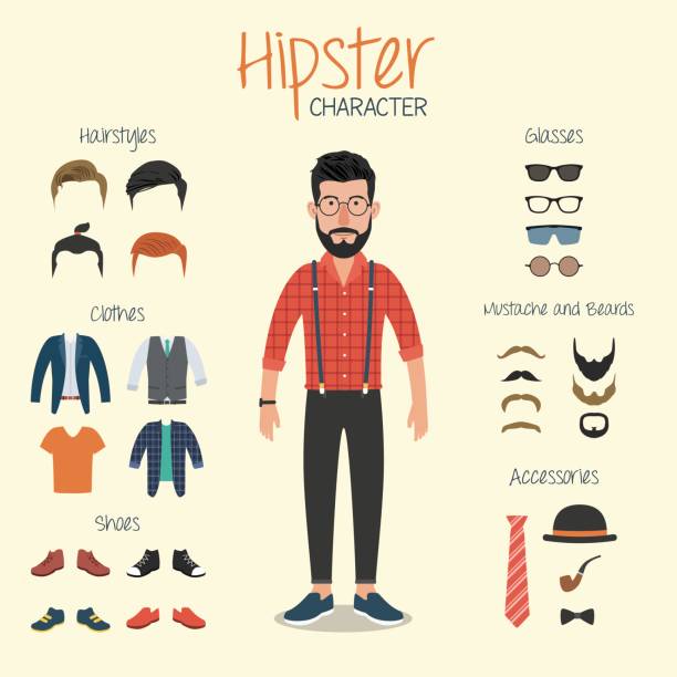 illustrazioni stock, clip art, cartoni animati e icone di tendenza di personaggio hipster con elementi hipster - necktie garment fashion clothing