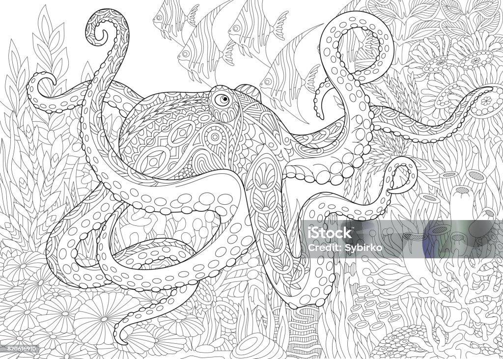 Octopus and tropical fish Composition of octopus, tropical fish and underwater seaweed. Freehand sketch for adult coloring book page. Coloring Book Page - Illlustration Technique stock vector