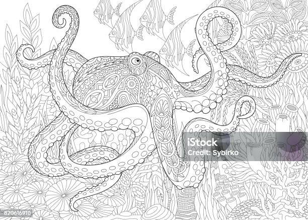 Octopus And Tropical Fish Stock Illustration - Download Image Now - Coloring Book Page - Illlustration Technique, Adult, Octopus