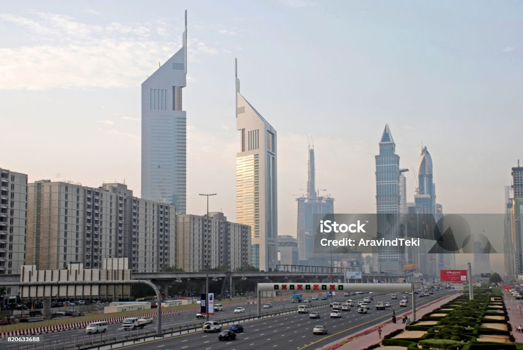 Sheikh Zayed Road, Dubai Morning view of Emirates Towers, Sheikh Zayed Road, Dubai Apartment Stock Photo