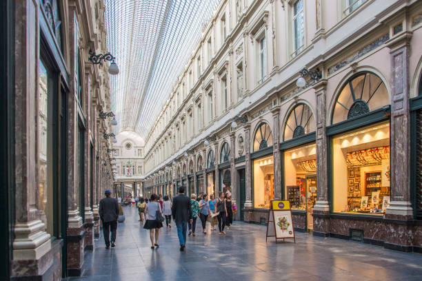 Brussels, Belgium. 22 June 2017 - The Royal Galleries Saint Hubert in central Brussels, Belgium. These galleries were designed in 1837 and they were the first commercial galleries in Europe. Noadays they're especially popular among tourists, and count with different shops, mainly chocolate and jewelery stores.