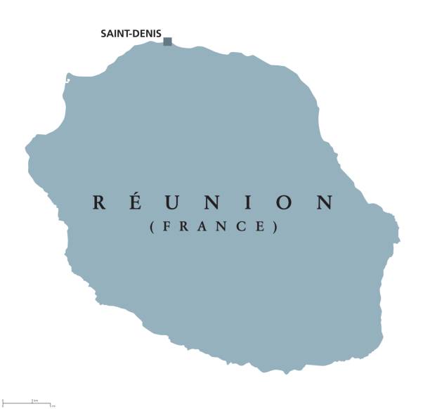 Reunion political map Reunion political map with capital Saint-Denis. Island. Overseas department of France in the Indian Ocean, east of Madagascar. Gray illustration isolated on white background. English labeling. Vector. reunion stock illustrations