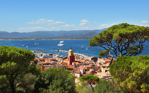 Aerial view of the old town and harbor of St Tropez France