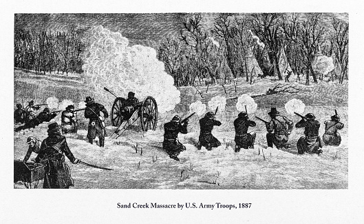 Beautifully Illustrated Antique Engraved Victorian Illustration of Sand Creek Massacre by U.S. Army Troops Engraving, 1887. Source: Original edition from my own archives. Copyright has expired on this artwork. Digitally restored.