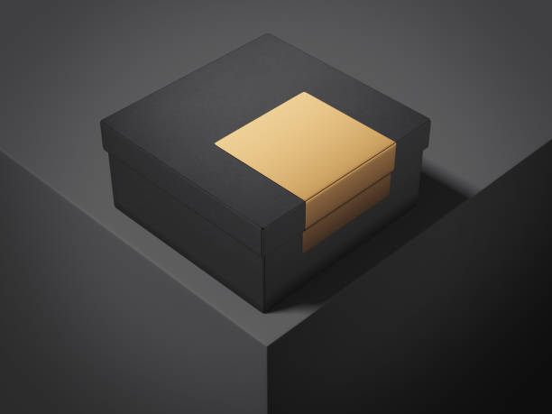 istock Black luxuray box with golden sticker. 3d rendering 820717398