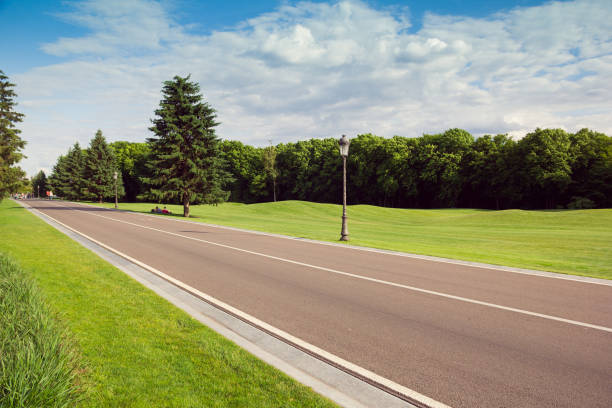 istock Park with a green grass, a road, a forest and blue sky 820717580