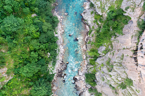 High angle view of a turquoise Tara river canyon