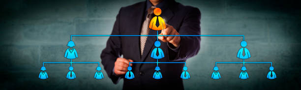 Chairman Highlighting CEO In Organization Chart Blue chip chairman is selecting the top executive in a hierarchical organizational chart. Business concept for multi level marketing network, recruitment, leadership and corporate hierarchy. multi level marketing stock pictures, royalty-free photos & images