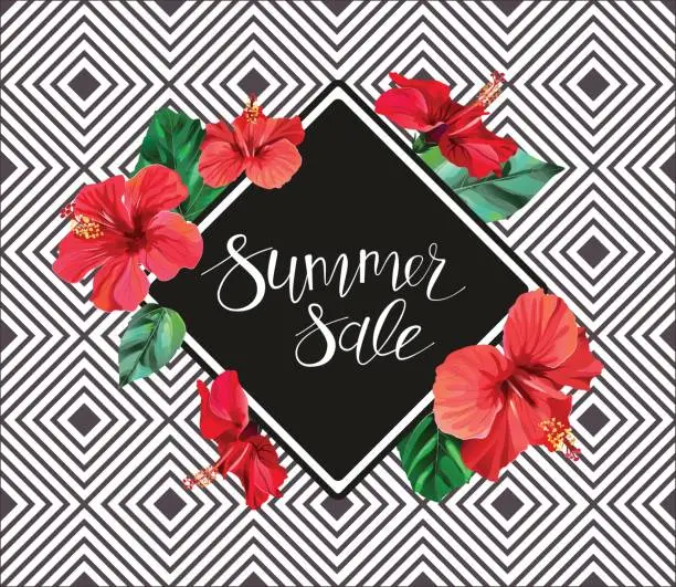 Vector illustration of Summer sale announcement poster, banner, flyer. Composition with lettering on hibiscus flowers and leaves background.