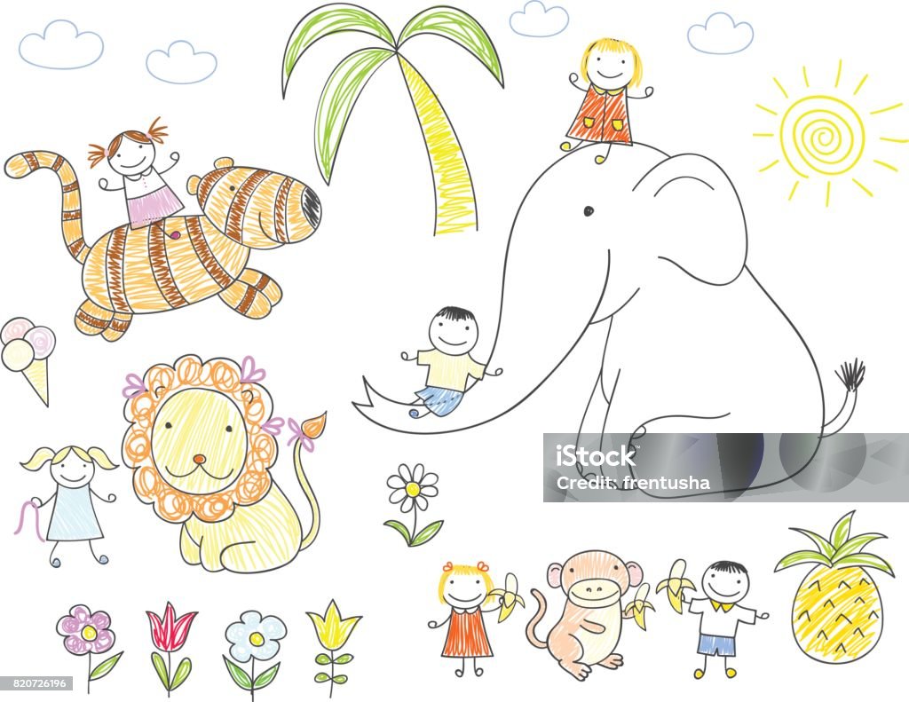 Happy children and animals Happy children and animals - elephant, lion, tiger and monkey. Sketch in doodle style. EPS8 Drawing - Activity stock vector