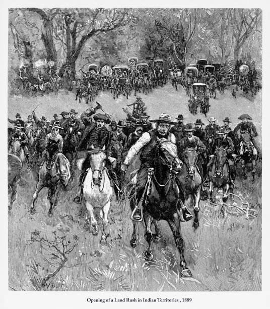 otwarcie land rush na terytoriach indyjskich grawerowanie, 1889 - santa fe trail stock illustrations