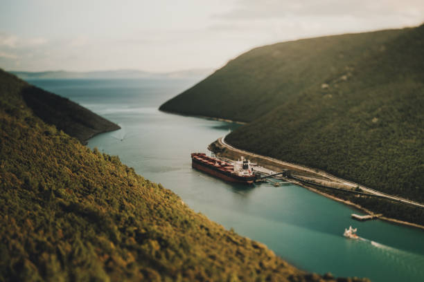 Croatia, cargo ship at Adria coast, tilt-shift lense