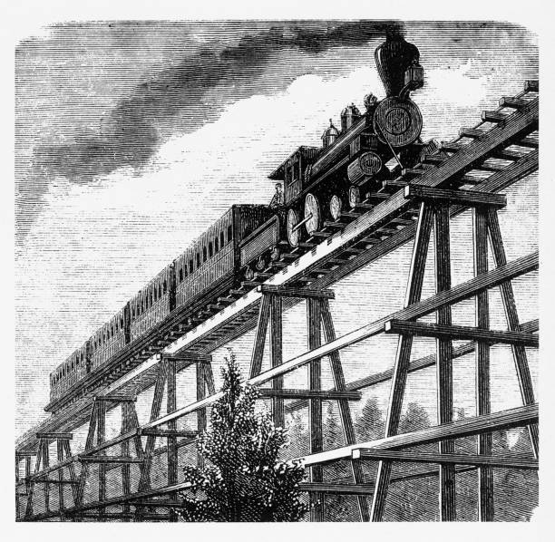 Beautifully Illustrated Antique Engraved Victorian Illustration of Pan Pacific Railway Locomotive Crossing a Tressel Bridge Engraving, 1877. Source: Original edition from my own archives. Copyright has expired on this artwork. Digitally restored.
