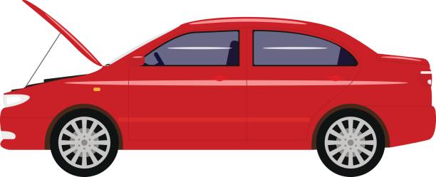Vector illustration cartoon car with an open hood Vector illustration cartoon car with an open hood. Isolated white background. Auto with open bonnet. Flat style. Side view. Red automobile is under repair. hood stock illustrations