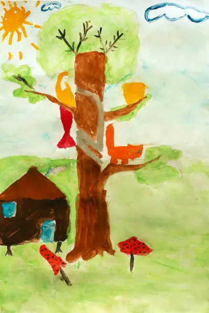 Children's drawing of tale with learned cat on the tree