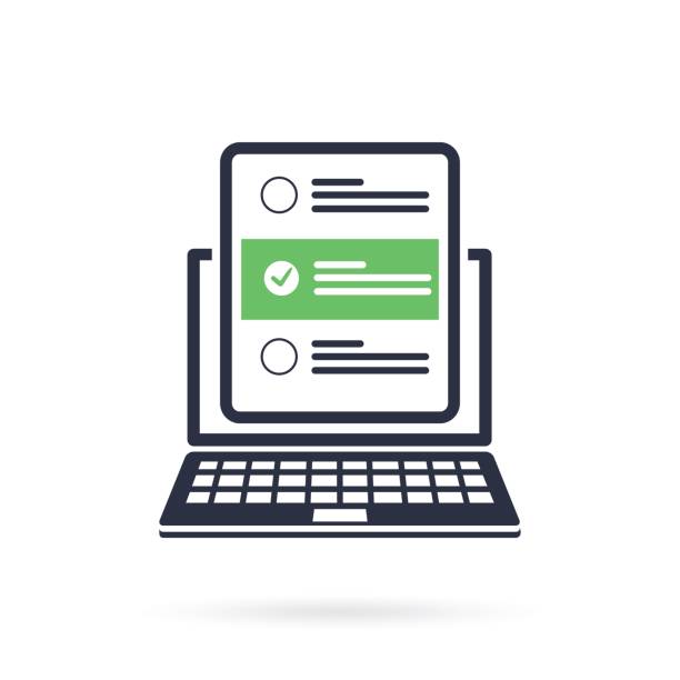 Laptop and checkboxes with check mark. Checklist, white tick on laptop screen. Choice, survey concepts. Laptop and checkboxes with check mark. Checklist, white tick on laptop screen. Choice, survey concepts. Modern flat design graphic elements for web banners, websites, infographics. Vector illustration form submission stock illustrations