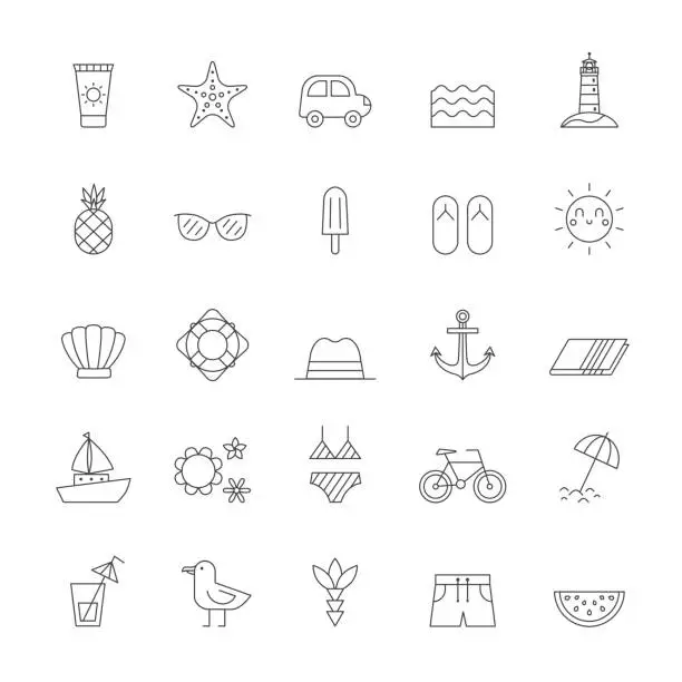 Vector illustration of Summer and sea beach outline icon vector set.