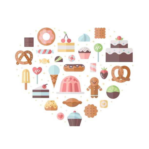 Sweets and pastries flat vector heart illustration. Sweets and pastries flat style vector heart illustration. marshmallow chocolate stock illustrations