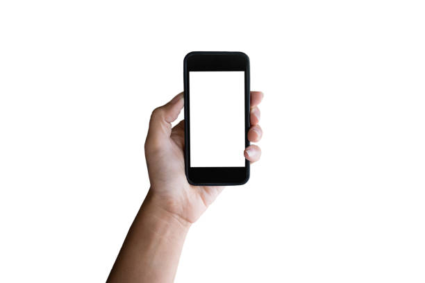 istock Man hand holding horizontal the black smartphone with blank screen, isolated on white background. 820741034