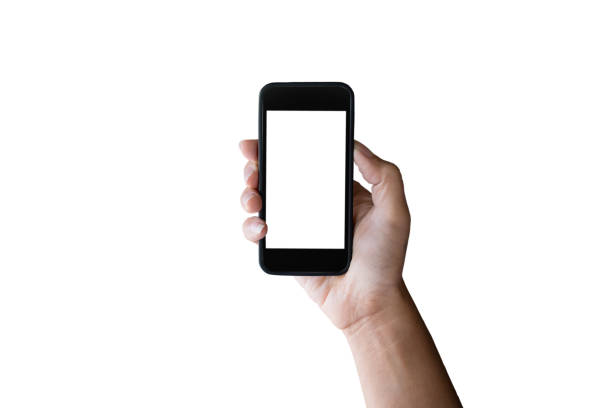 istock Man hand holding horizontal the black smartphone with blank screen, isolated on white background. 820741308