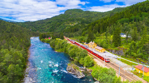 Train Oslo - Bergen in mountains. Norway. stock photo