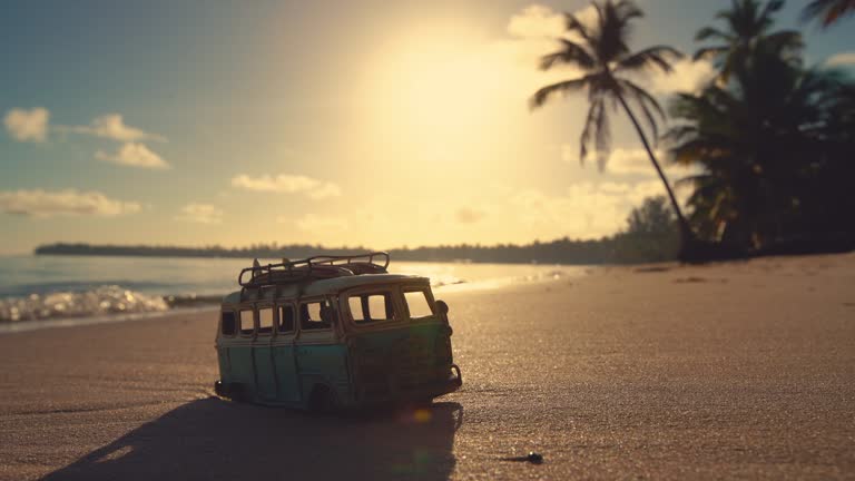 Beautiful tropical island beach sunrise and car miniature video