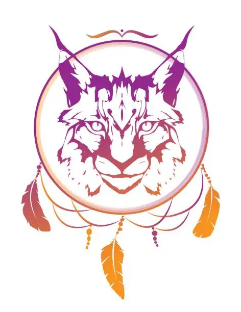 Vector illustration of Wild cat, lynx totem animal in aztec style. Tribal, tattoo, t-shirt illustration design.