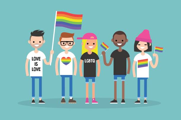 loveparade. eine gruppe von leuten mit regenbogenfahnen und symbolen. lgbt. lgbtq. - lesbian gay man rainbow multi colored stock-grafiken, -clipart, -cartoons und -symbole