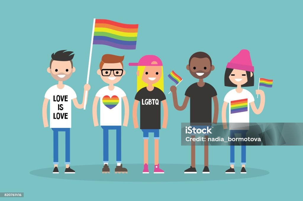 Love parade. A group of people with rainbow flags and symbols. LGBT. LGBTQ. Child stock vector