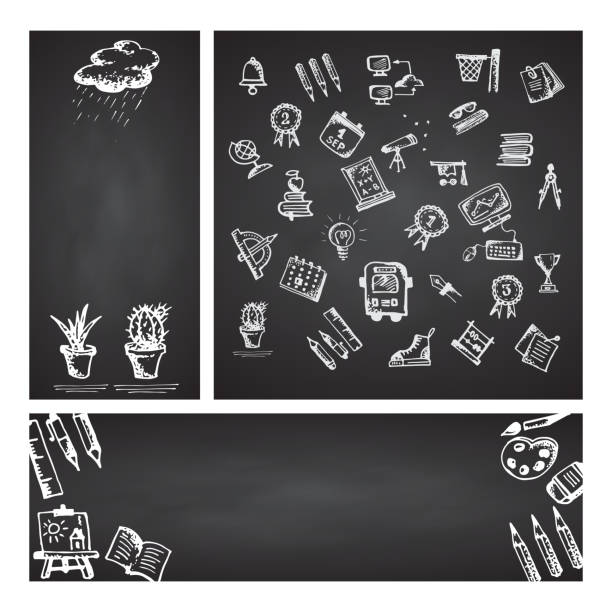 ilustrações, clipart, desenhos animados e ícones de voltar para a escola. bandeira do conjunto da web. mão desenhada escola ícones e símbolos no quadro negro. com lugar para o seu texto - blackboard blank classroom backgrounds