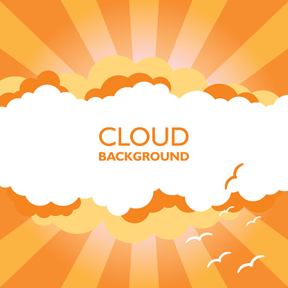 Clouds in the sky with sun rays. Flat vector illustration in cartoon style. Orange colorful background.