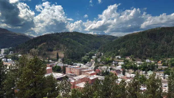 A over view of the city of Deadwood facing West from the higher ground to the East.