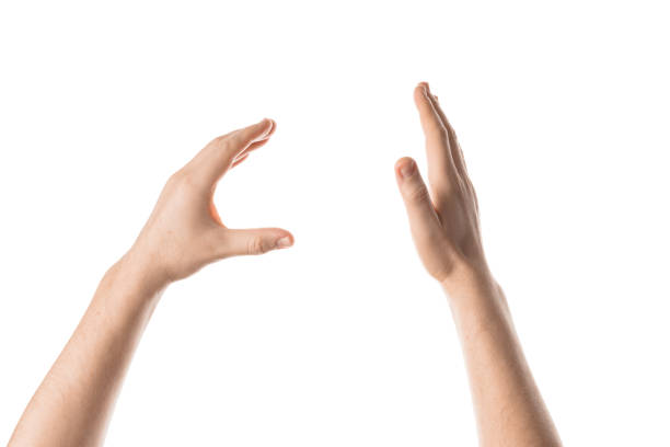 istock Man hand hold, grab or catch some object, hand gesture. Isolated on white 820768928