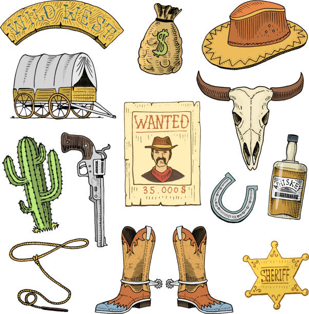 ilustrações de stock, clip art, desenhos animados e ícones de wild west, rodeo show, cowboy or indians with lasso. hat and gun, cactus with sheriff star and bison, boot with horseshoe and wanted poster. engraved hand drawn in old sketch or and vintage style - wanted poster poster old wild west