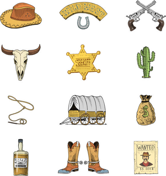 ilustrações de stock, clip art, desenhos animados e ícones de wild west, rodeo show, cowboy or indians with lasso. hat and gun, cactus with sheriff star and bison, boot with horseshoe and wanted poster. engraved hand drawn in old sketch or and vintage style - wanted poster poster old wild west