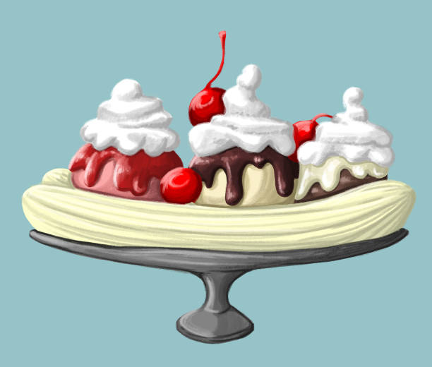 ilustraciones, imágenes clip art, dibujos animados e iconos de stock de división de banana - banana split