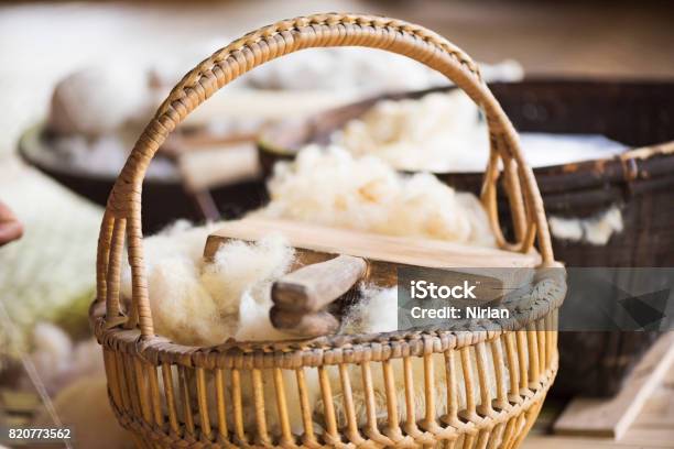 Raw Sheep Wool In The Basket Stock Photo - Download Image Now - Wool, Merino Sheep, Dietary Fiber