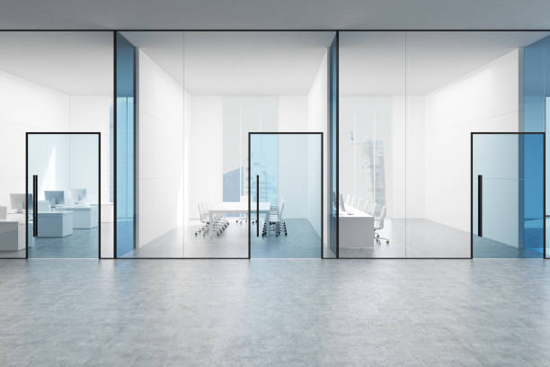 istock Blue transparent office hall, blue doors 820774202