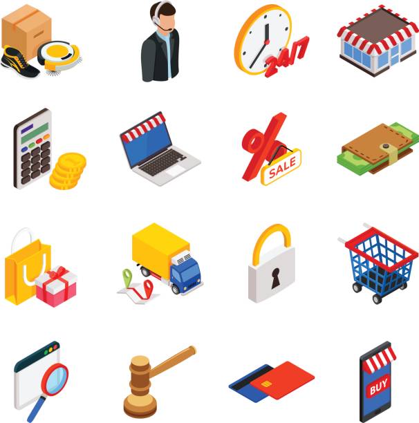 ilustrações, clipart, desenhos animados e ícones de ícone de isométrica de comércio electrónico definido com gadgets para comprar na internet e compras de símbolos - hardware store store work tool customer