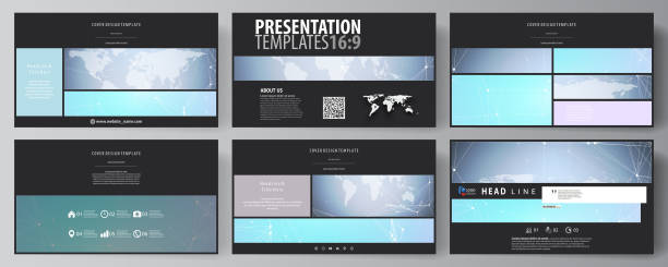 ilustrações de stock, clip art, desenhos animados e ícones de the black colored minimalistic vector illustration of the editable layout of high definition presentation slides design templates. polygonal texture. global connections, futuristic geometric concept - 18797