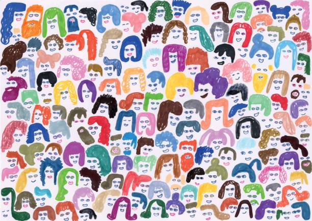 Colourful background pattern of crowd of people Creative illustration of people faces and hair old man smiling stock illustrations