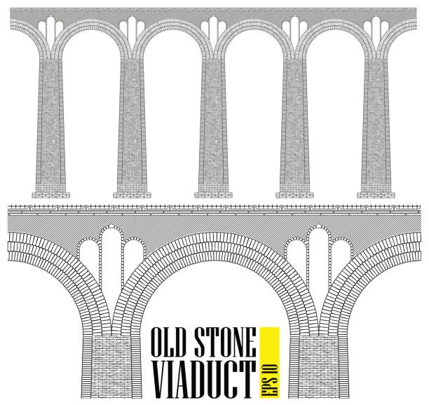 ilustraciones, imágenes clip art, dibujos animados e iconos de stock de un antiguo viaducto de piedra alta. construido de piedra y ladrillos de un enorme puente. incluso los detalles más pequeños son visibles. - roman aqueduct