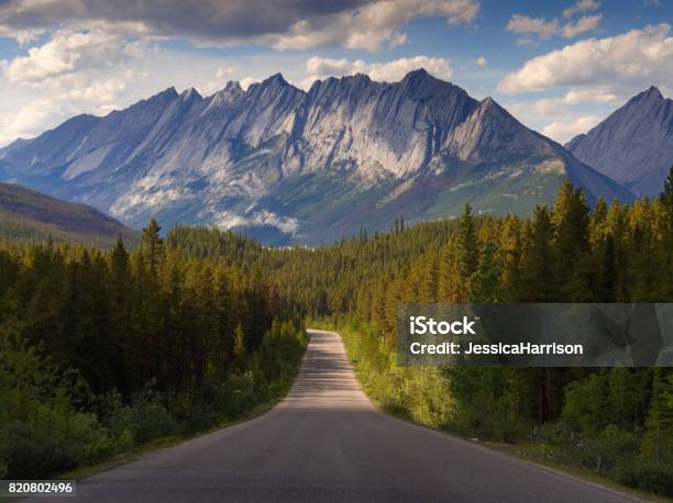 Driving Through Jasper National Park Towards The Rocky Mountains Stock Photo - Download Image Now