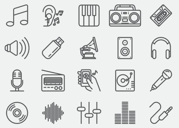 иконки музыкальной линии - equipment human ear sound music stock illustrations