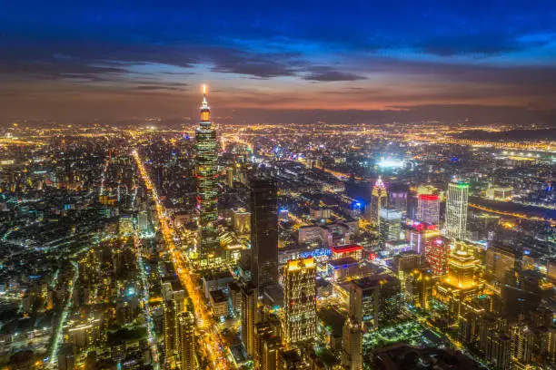 Capital city of Taiwan with view of prominent Taipei 101 Tower amid skyscrapers in Xinyi Financial District